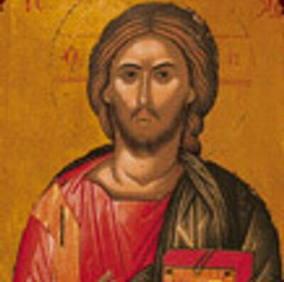 Jesus in red robe in style of an icon